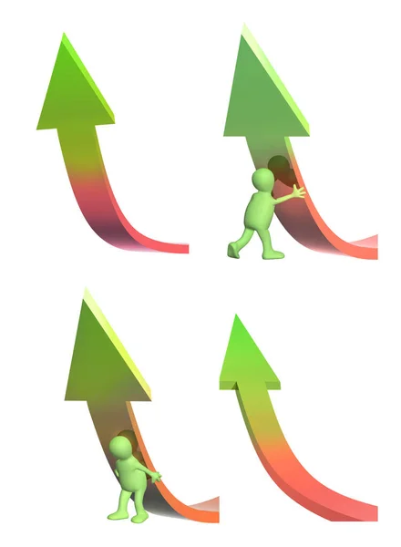 成功的概念 绿色木偶 支持图表 显示积极的结果 3D人支持箭头 被白色背景隔离 3D渲染 — 图库照片