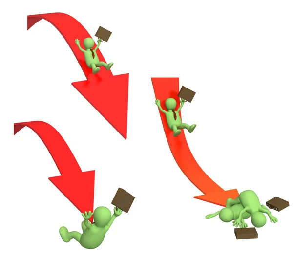 衰退和失业概念 一个绿色的3D人从箭上摔下来 商人在箭上滑落下来 被白色背景隔离 3D渲染 — 图库照片