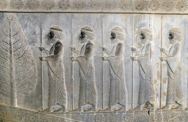 Antigua Muralla Con Bajorrelieve Con Guerreros Asirios Con Lanzas Persépolis — Foto de Stock