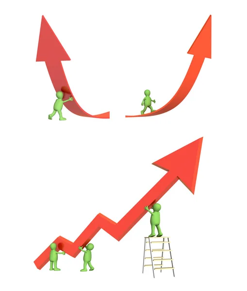 Success concept. Three green puppets, supporting the diagram, showing positive results, 3d man supporting an arrow, puppet going on a rising red arrow. Isolated on white background. 3d render