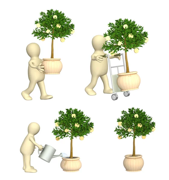 Wealth Financial Prosperity Success Concept Man Money Tree Puppet Watering — Stock Photo, Image