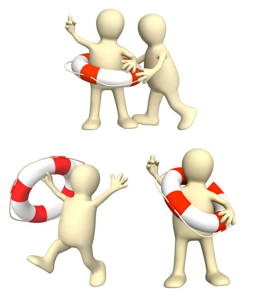 Puppets Lifebuoy Helping Survive Man Getting Lifebuoy Another Man Help — Stock Photo, Image