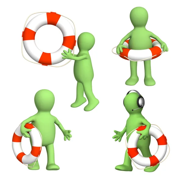 Green Puppets Lifebuoy Helping Survive Man Getting Lifebuoy Another Man — Stock Photo, Image