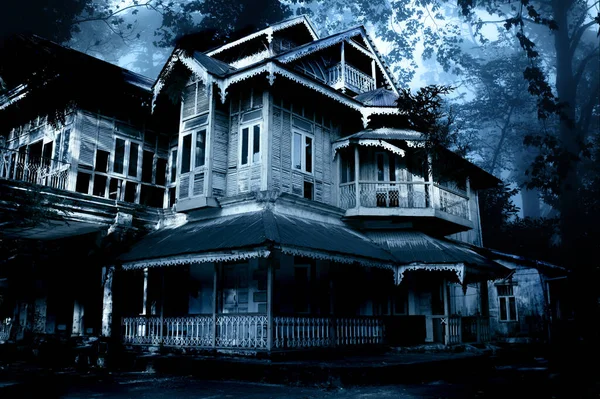 闹鬼的房子 废弃的老房子在夜林里 神秘森林中可怕的殖民小屋 图为蓝色调色调 — 图库照片