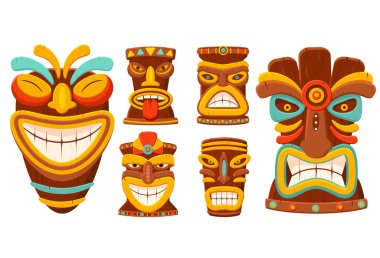 Hawaii geleneksel kabile tiki maskesi seti. Polinezya maskesi ya da totem koleksiyonu. Afrika geleneksel ahşap maskesi. Beyaz arka planda izole edilmiş. Vektör illüstrasyonu EPS8