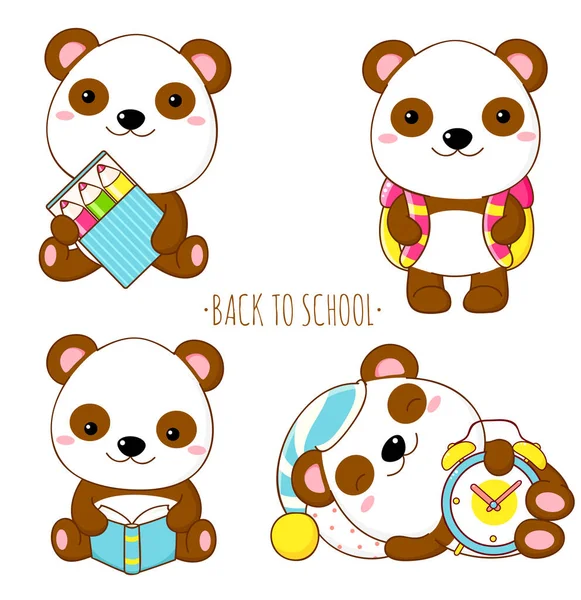 Vissza Suliba Oktatási Ikonok Vektorkészlete Kawaii Stílusban Aranyos Kis Panda — Stock Vector