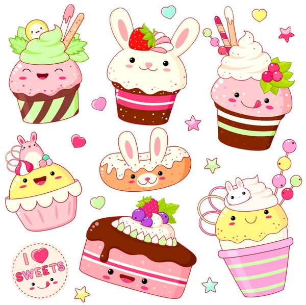 一组可爱的甜图标 卡瓦风格 笑脸和粉红的脸颊为甜蜜的设计 冰淇淋 圣代小孩 甜甜圈 Eps8 — 图库矢量图片