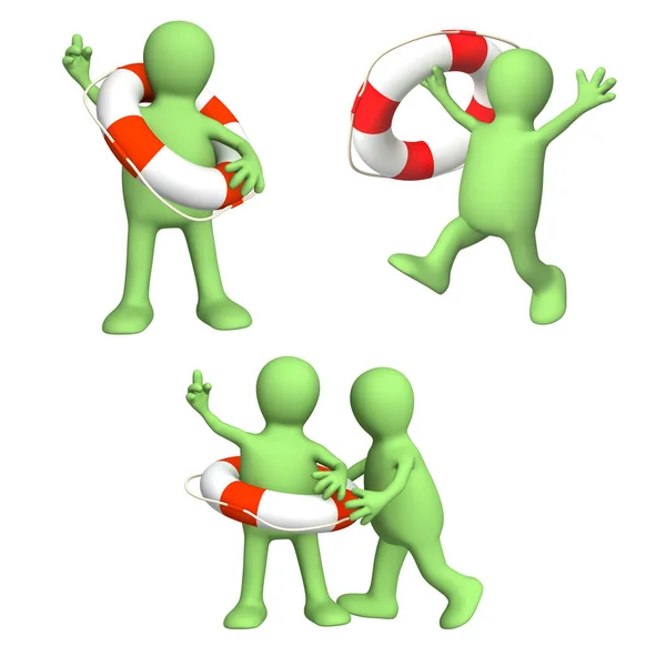 Green Puppets Lifebuoy Helping Survive Man Getting Lifebuoy Another Man — Stock Photo, Image
