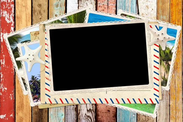 Винтажный Фон Путешествия Старой Текстурой Деревянных Досок Ретро Фотографии Эмали — стоковое фото