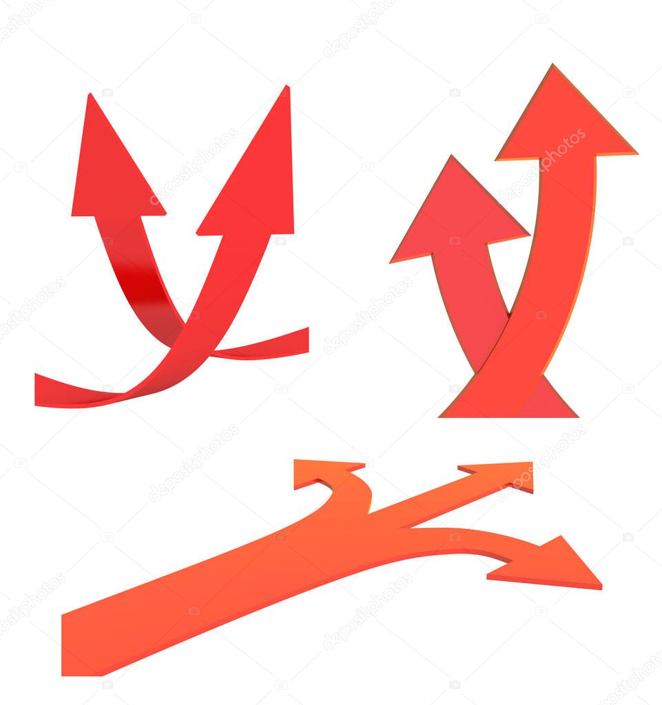 Two bound arrows specifying different directions, fork of three roads with arrow. Isolated on white background. 3d render