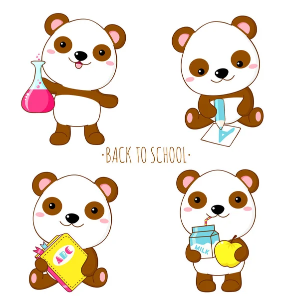 回学校去矢量教育图标集的Kawaii风格 可爱的小熊猫与铅笔 苹果和牛奶 化学瓶 Eps8 — 图库矢量图片