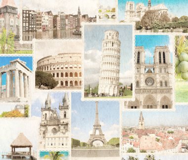 Avrupa 'nın simgelerinin geçmişe dönük fotoğraflarını içeren klasik seyahat geçmişi. Paris 'teki Eyfel Kulesi, Pisa Kulesi Roma' daki Colosseum, Amsterdam 'daki eski evler. Grunge eski kağıt dokusu 