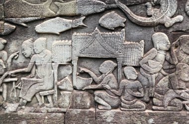 Ünlü Angkor Wat kompleksi, khmer kültürü, Siem Reap, Kamboçya 'da Prasat Bayon Tapınağı' nın duvar oymacılığı. UNESCO dünya mirası sahası