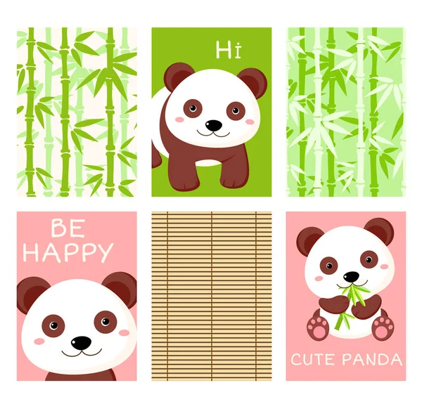 Tarjetas Felicitación Con Lindo Panda Colección Pancarta Fondo Volante Cartel — Vector de stock