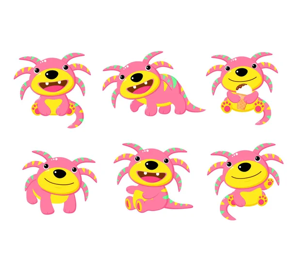 Set Cute Cartoon Monster Various Poses Isolated White Background Collection — Stock Vector