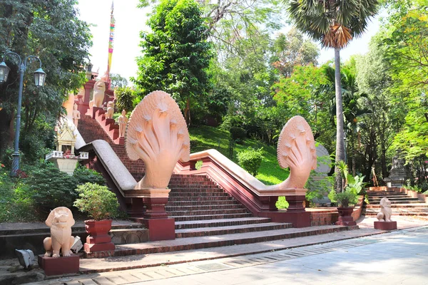 캄보디아 프놈펜 Phnom Penh 프놈펜 Wat Phnom 계단에 머리를 뱀이나나 — 스톡 사진