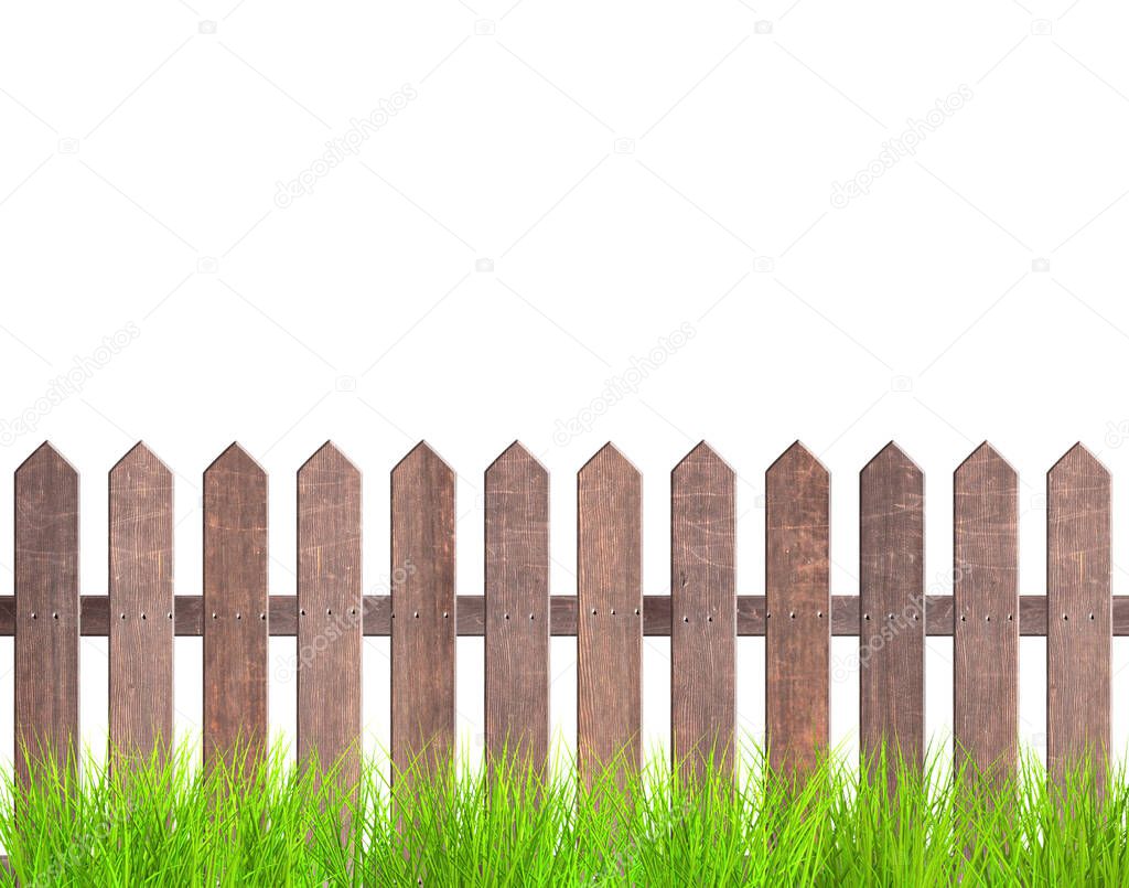 Rustic wooden fence and green grass. Old garden fence with wood planks and with metal rivets. Isolated on white background. 3d render