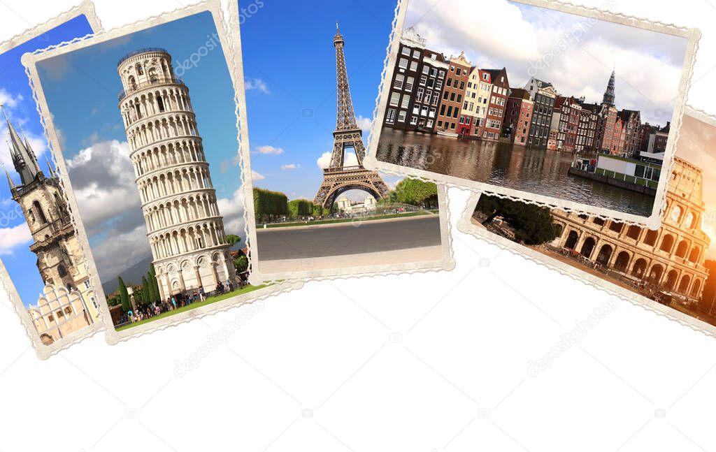 Vintage travel background with retro photos of european landmarks. Eiffel tower in Paris, Leaning Tower of Pisa, Colosseum in Rome, old houses in Amsterdam. Isolated on white background