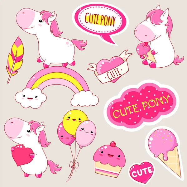 Set Van Schattige Witte Pony Kawaii Stijl Pony Regenboog Met — Stockvector