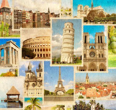 Avrupa 'nın simgelerinin geçmişe dönük fotoğraflarını içeren klasik seyahat geçmişi. Paris 'teki Eyfel Kulesi, Pisa Kulesi Roma' daki Colosseum, Amsterdam 'daki eski evler. Grunge eski kağıt dokusu 