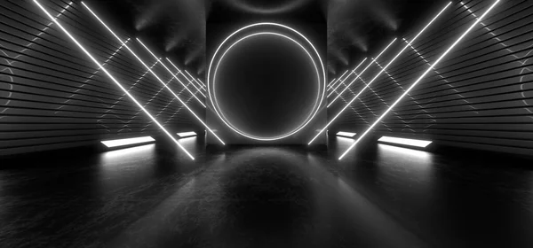 Dark tunnel with bright white neon lights. Empty black space for text. Blurry reflections on the floor. Abstract black background. 3D rendering image.