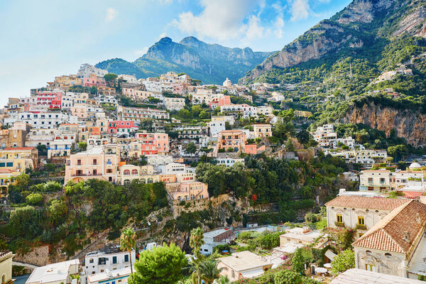 Scenic view of Positano, beautiful Mediterranean village on Amalfi Coast (Costiera Amalfitana) in Campania, Italy