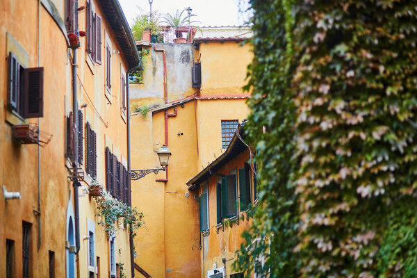 Colorful yellow and orange buildings on a street of Rome, Lazio, Italy