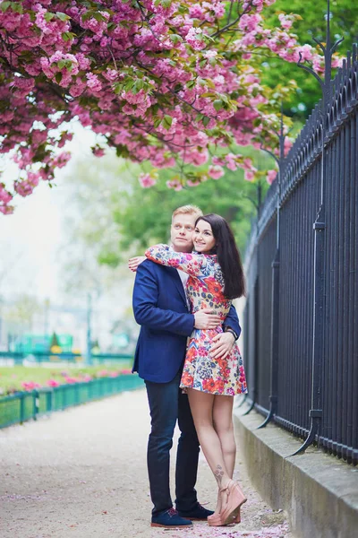 Romantický pár v Paříži s třešňového květu stromů — Stock fotografie