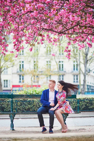 Romantic couple in Paris with cherry blossom trees — Stock Photo, Image