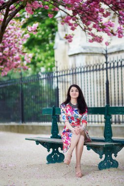 Kiraz çiçeği ağaçları ile Paris'te Romantik Çift