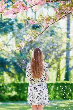 Çiçeklenme içinde güzel ve genç birbayan bahar Parkı