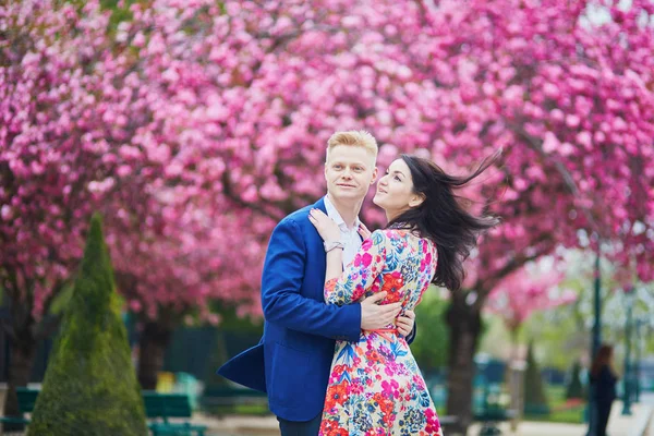 浪漫的情侣在巴黎与樱花树 — 图库照片
