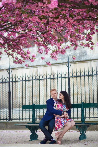 Romantiska par i Paris med cherry blossom träd — Stockfoto