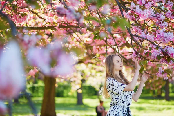 Bella giovane donna in fiore parco primaverile — Foto Stock