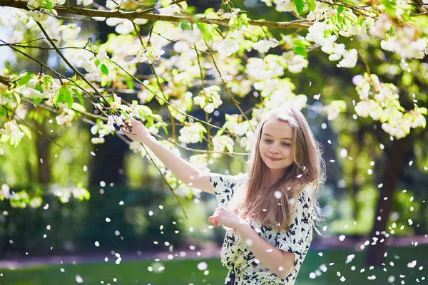 Piękna młoda kobieta w kwitnące wiosną park — Zdjęcie stockowe