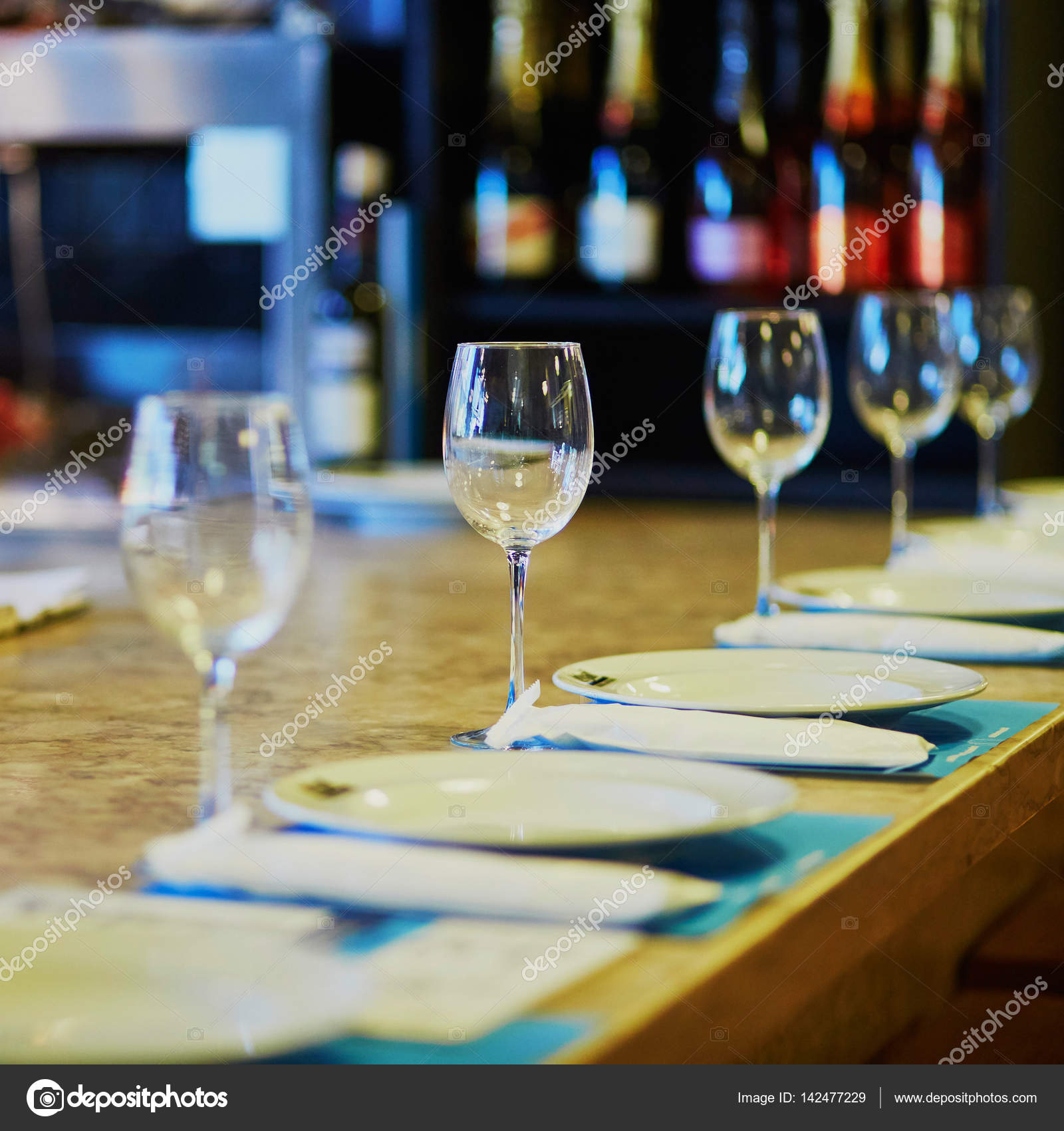 Wine Glasses On The Table In Restaurant Bar Or Wedding Reception
