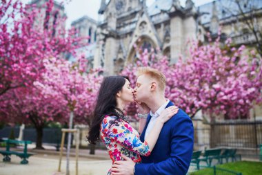 Kiraz çiçeği ağaçları ile Paris'te Romantik Çift