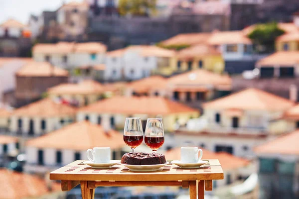 Madeira wine, coffee and bolo de mel with view to Funchal, Madeira, Portugal — Stock Photo, Image