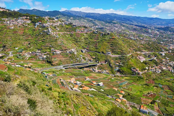 小さな村があり、テラス フィールドおよび山と典型的なマデイラの風景 — ストック写真