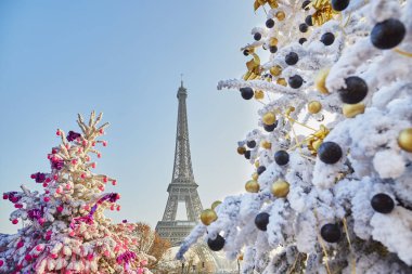 Noel ağacı Paris'te Eyfel Kulesinin yakınında kar ile kaplı