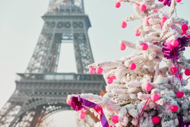 Noel ağacı Paris'te Eyfel Kulesinin yakınında kar ile kaplı