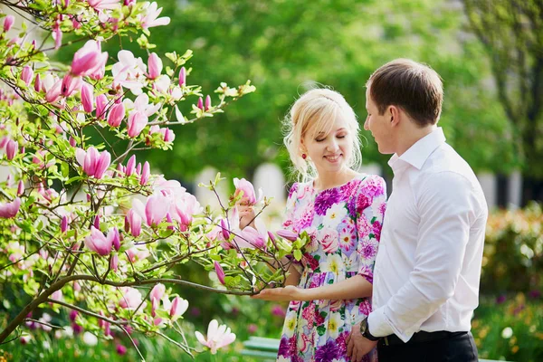 美丽浪漫的情侣下盛开的玉兰树 在春天的一天 — 图库照片