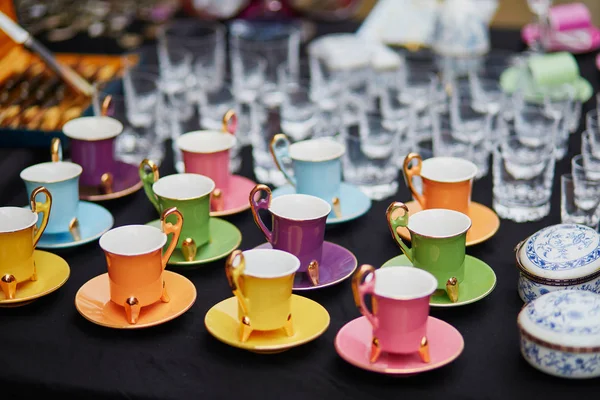 Coloridas Tazas Café Mercadillo París Francia — Foto de Stock