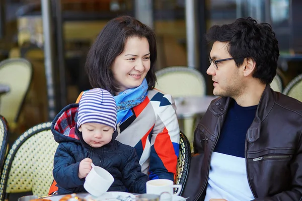 Happy Family Three Parisian Outdoor Cafe Mother Father Little Son — Stock Photo, Image