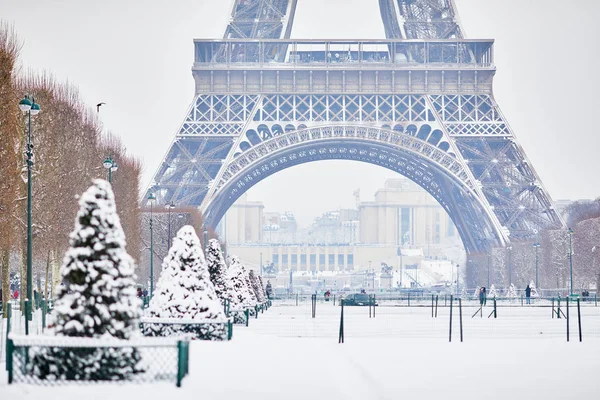 Vista panorámica de la torre Eiffel en un día con nieve intensa — Foto de Stock