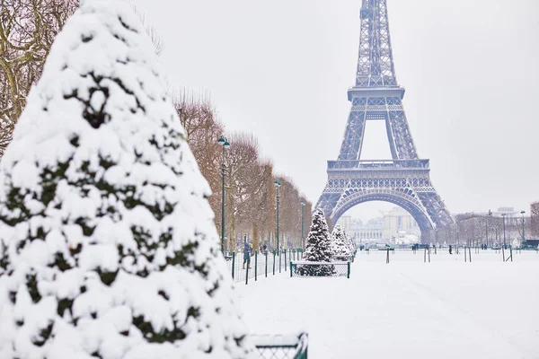 Vista panorámica de la torre Eiffel en un día con nieve intensa — Foto de Stock