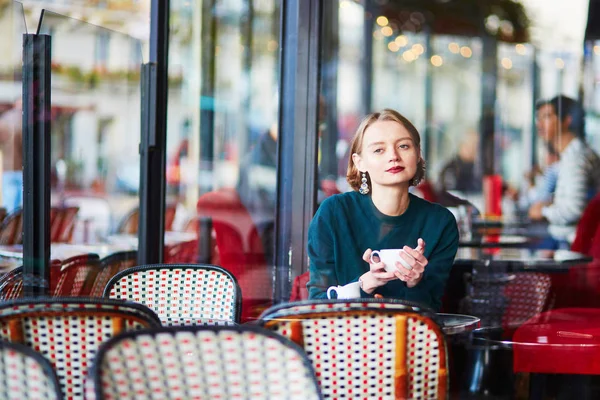 Young Elegant Woman Drinking Coffee Traditional Cafe Paris France — Stock Photo, Image