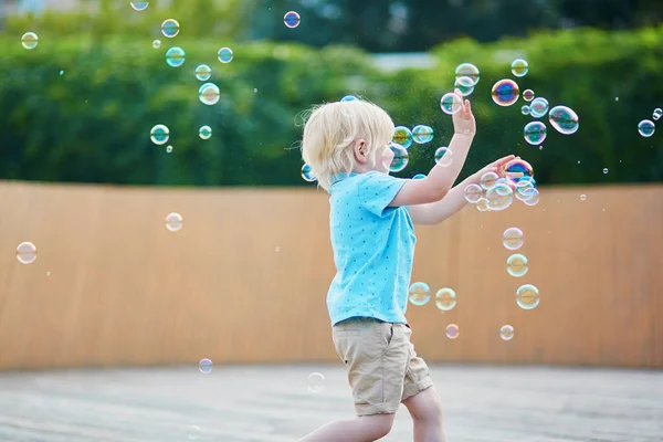 Happy Adorable Little Boy Playing Bubbles Outdoors Summer Day — Stock Photo, Image