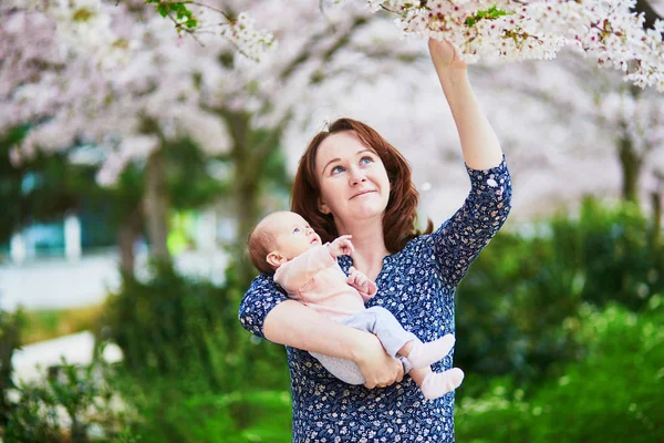 Lycklig Ung Mor Med Sin Månader Lilla Flicka Njuter Körsbärsblomma — Stockfoto