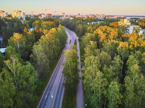 芬兰赫尔辛基市郊住宅区埃斯波附近的一条穿越森林的沥青路面 — 图库照片